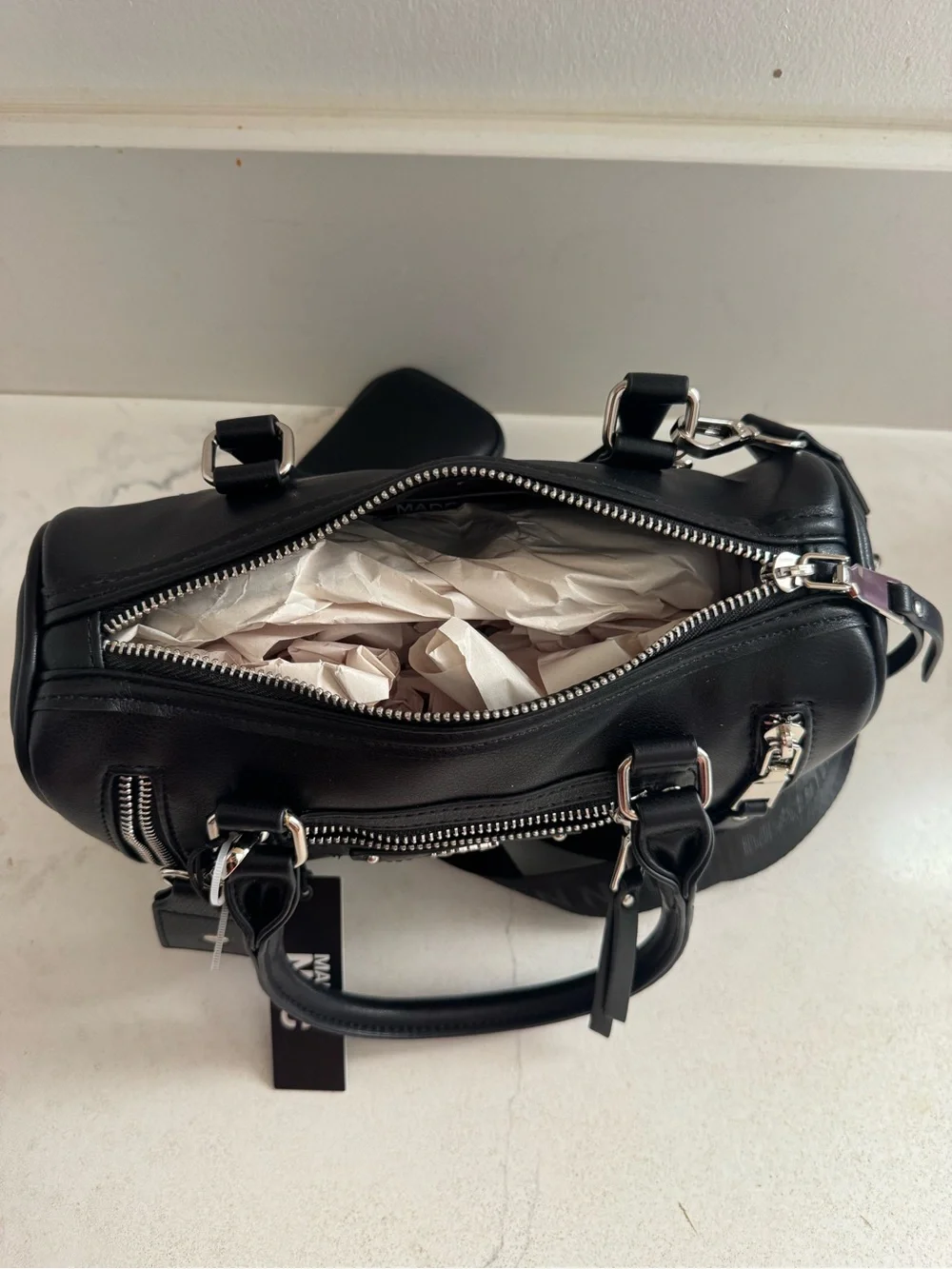 NWT- core barrel Madden NYC Black Satchel with Wide Logo Strap.
